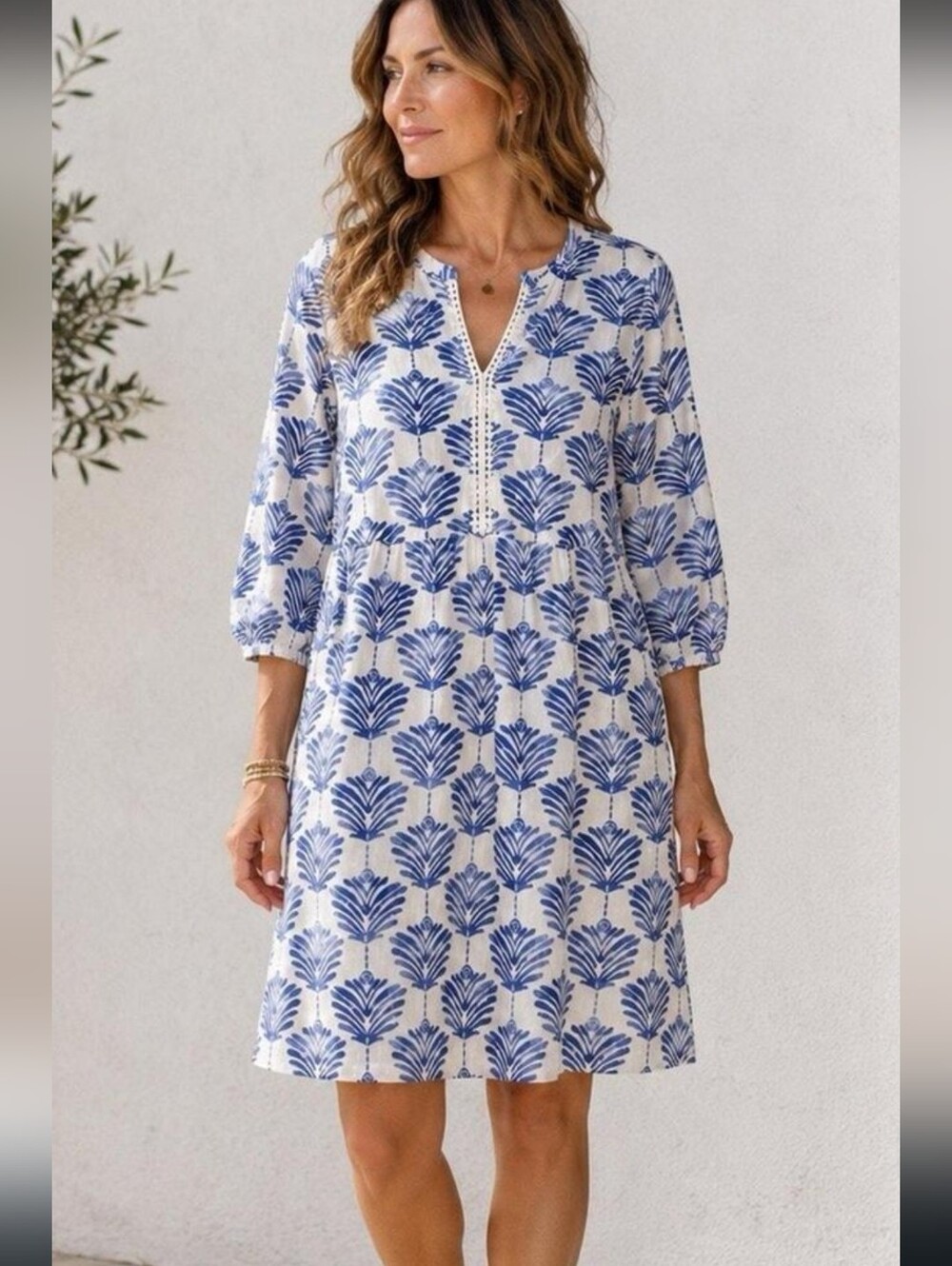 J. Jill White Patterned Midi Dress with Blue Botanical Print With Pockets